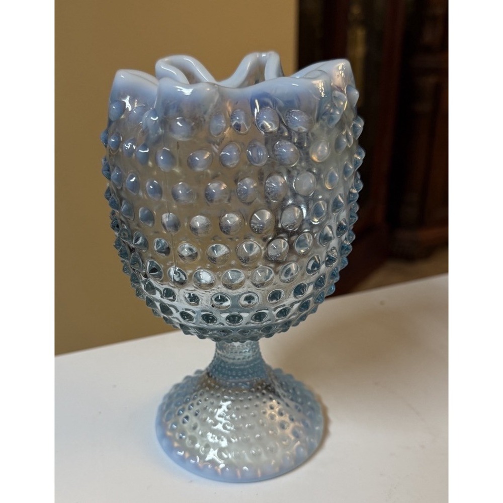Vintage Duncan Miller Blue Opalescent Footed Hobnail Ivy‎ Rose Bowl Vase